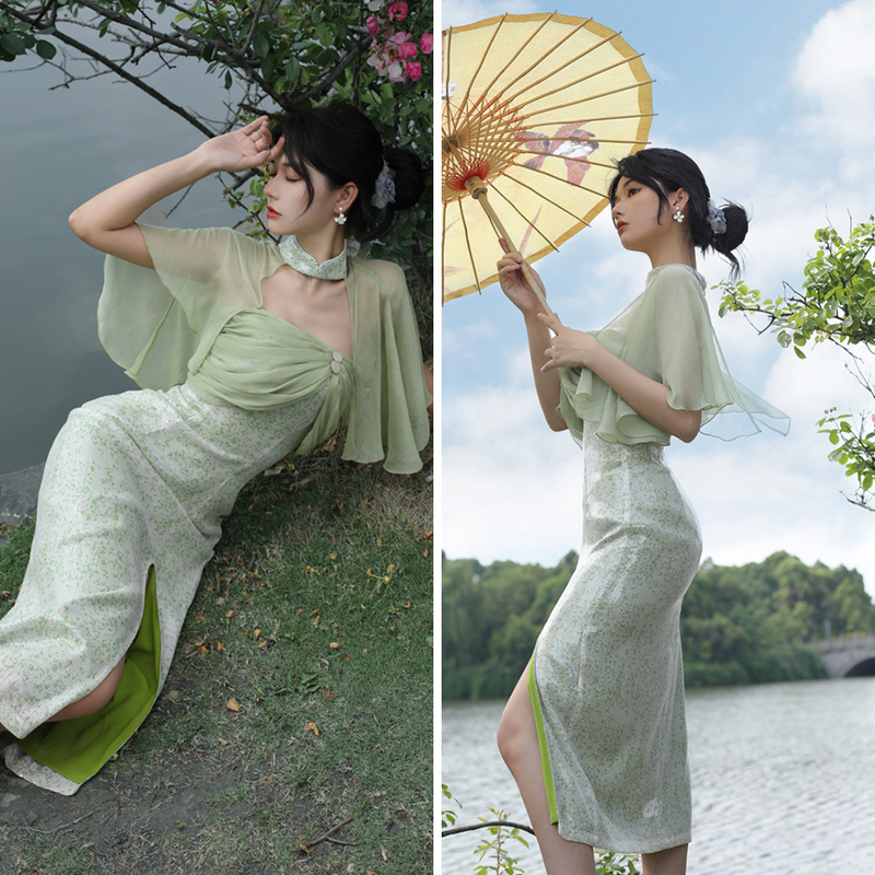 Young grass crowd cheongsam dress after rain