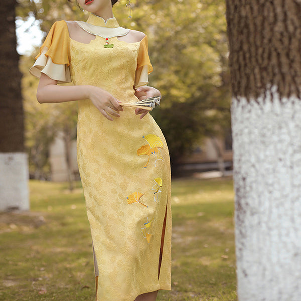 Wisteria gingko embroidered cheongsam dress