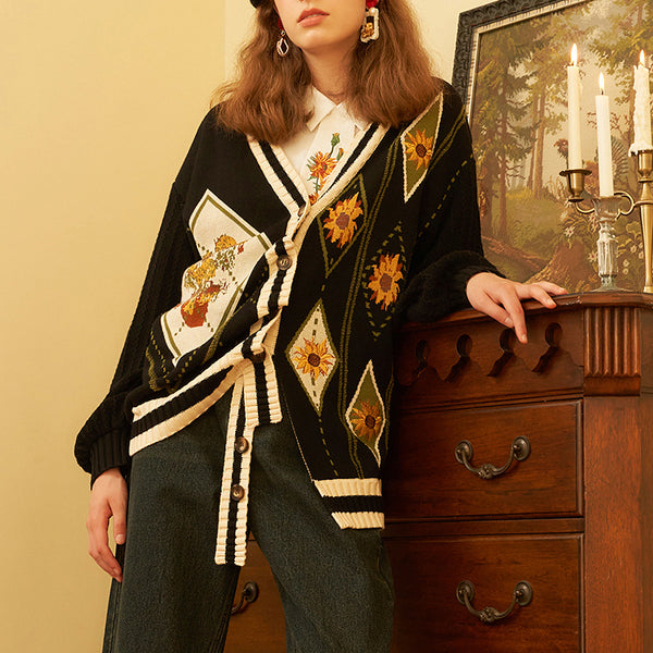 Embroidered knitted cardigan with sunflowers in a vase