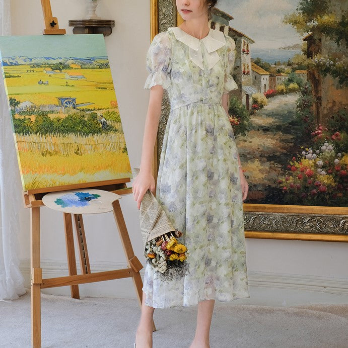 Impression painting flower pattern French dress 