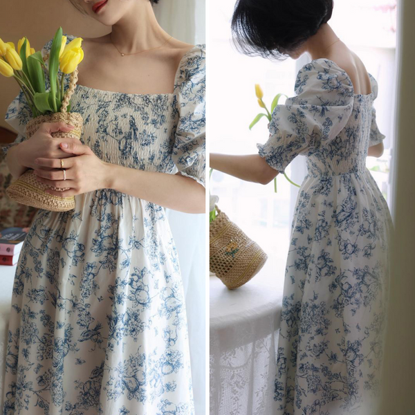 Blue indigo flower pattern retro dress