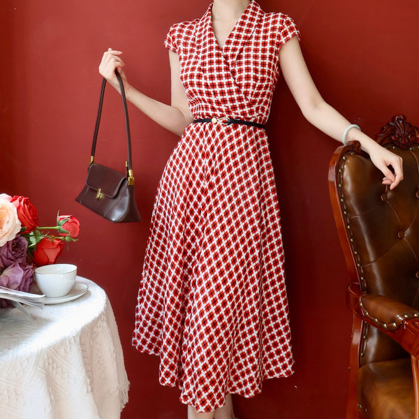 Madder red geometric pattern retro dress