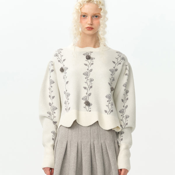 black gray rose pattern knit sweater