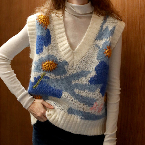 Ultramarine Flower Embroidered Knit Vest