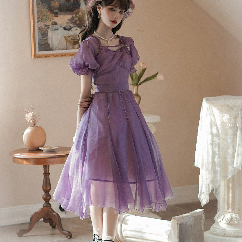 Elegant ribbon dress for a wisteria purple lady