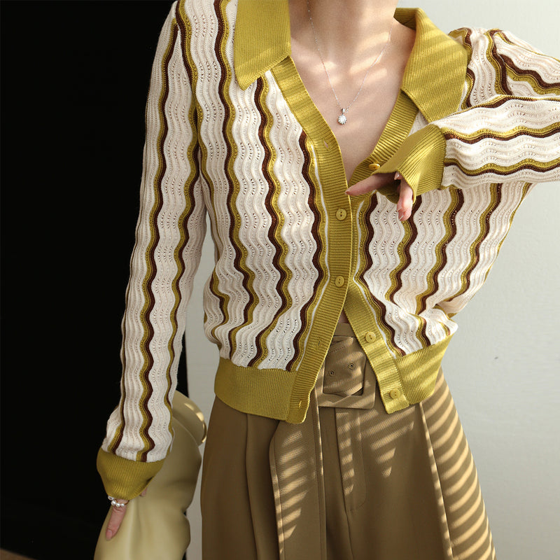 green yellow wave pattern knit cardigan