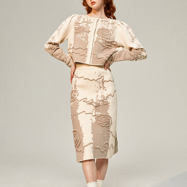 Vine rose embroidery jacquard knit top and skirt
