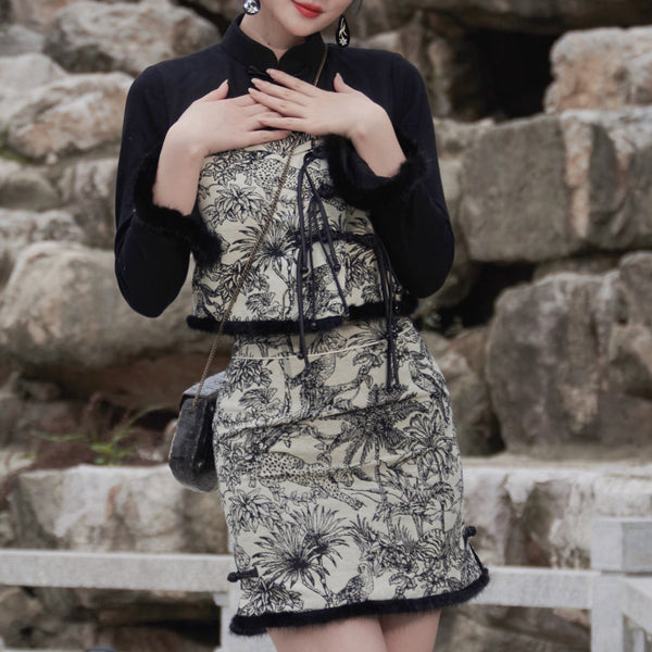 Ink painting cheongsam top and short skirt with tiger painting
