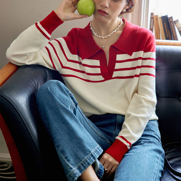 Crimson striped polo knit top