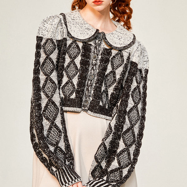 Black ink geometric pattern knit cardigan