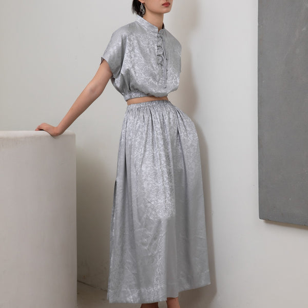 Silver-gray floral print cheongsam top and long skirt