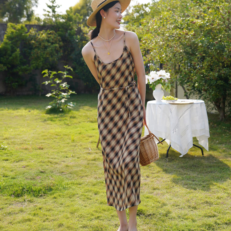 Dark brown plaid camisole dress