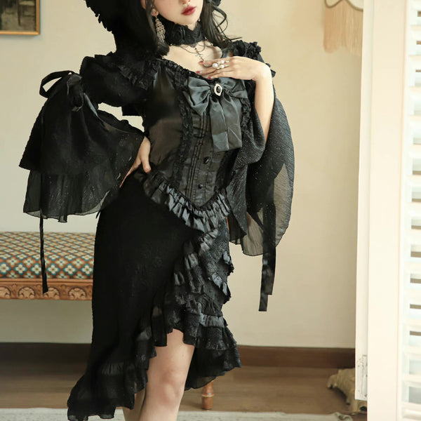 Jet black lady embroidery gothic dress