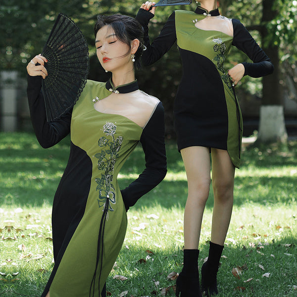 Black and green rose embroidery cheongsam dress