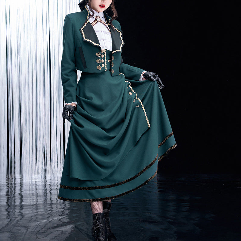 Classical jacket, vest, long skirt, and blouse embroidered with a dark green lady [Scheduled to be shipped from late May to late June 2023]