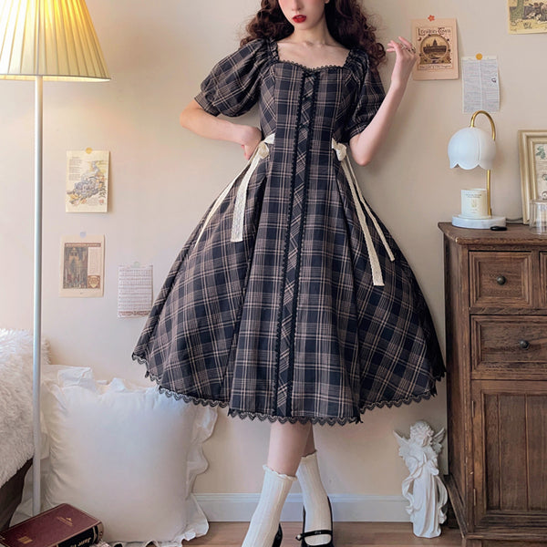 British girl's plaid ribbon dress