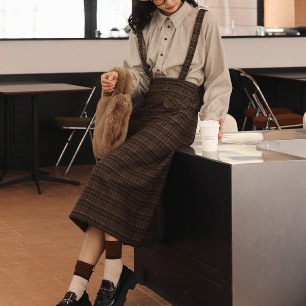 Dark brown plaid strap wool skirt