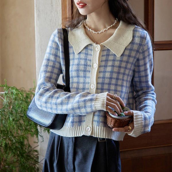 Forget-me-not plaid knit cardigan