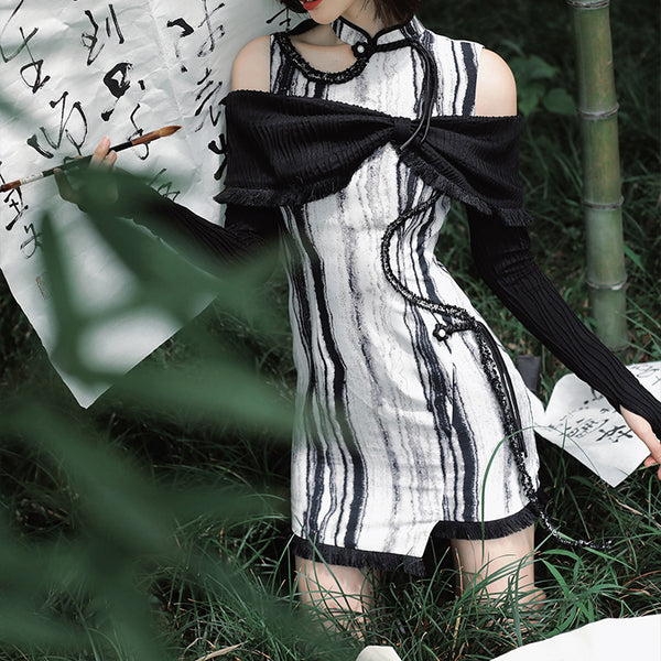 chinese ink painting cheongsam short dress