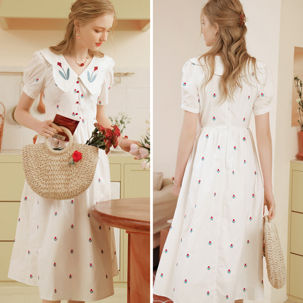 Tulip flower embroidery French retro dress 