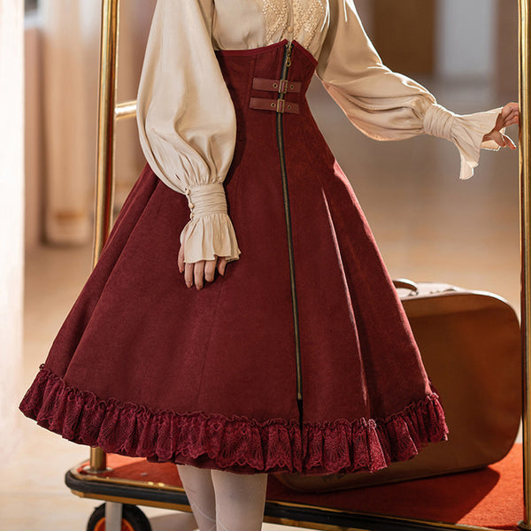 Wine-colored lady high waist skirt