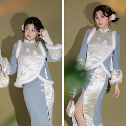Thin flower rabbit embroidered cheongsam dress