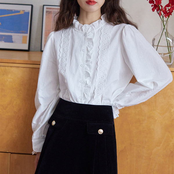 Pure white embroidered frill blouse