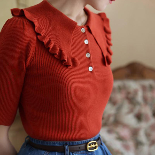 Madder Red Lady's Retro Knit Tops