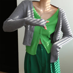 light green and gray knitted cardigan