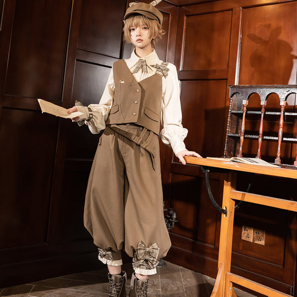 Secret detective ribbon vest, cropped pants and pleated blouse (brown)