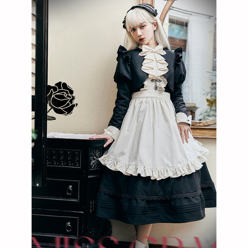 Black Butler's Lady Embroidered Dress, Short Jacket, and Strap Apron [Scheduled to be shipped in mid-April 2023] 