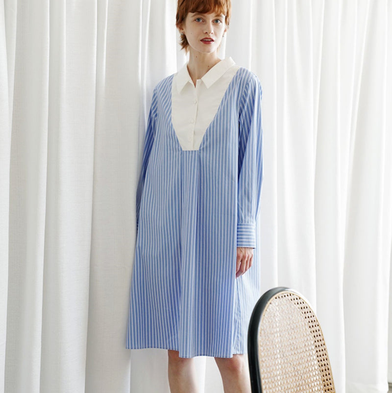Sky Blue Vertical Striped Shirt Dress