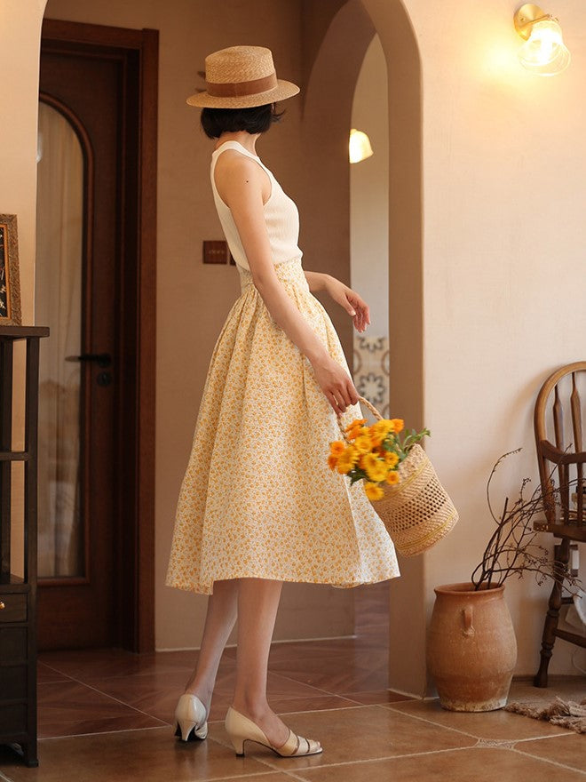 wisteria yellow flower crowd french retro skirt