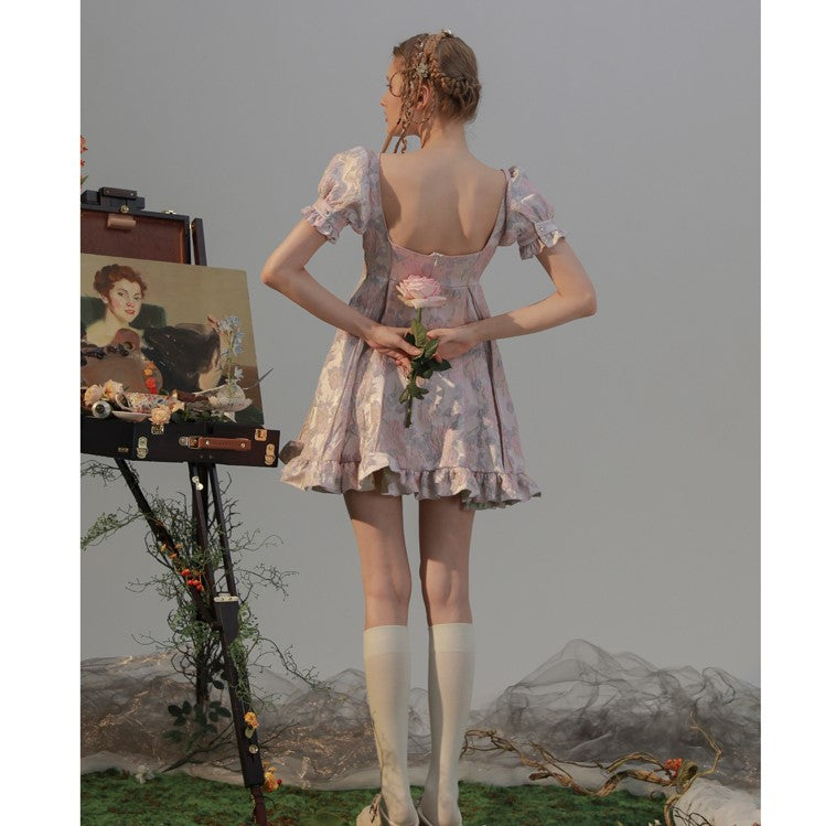 Crimson wisteria and light wisteria flower weave jacquard dress