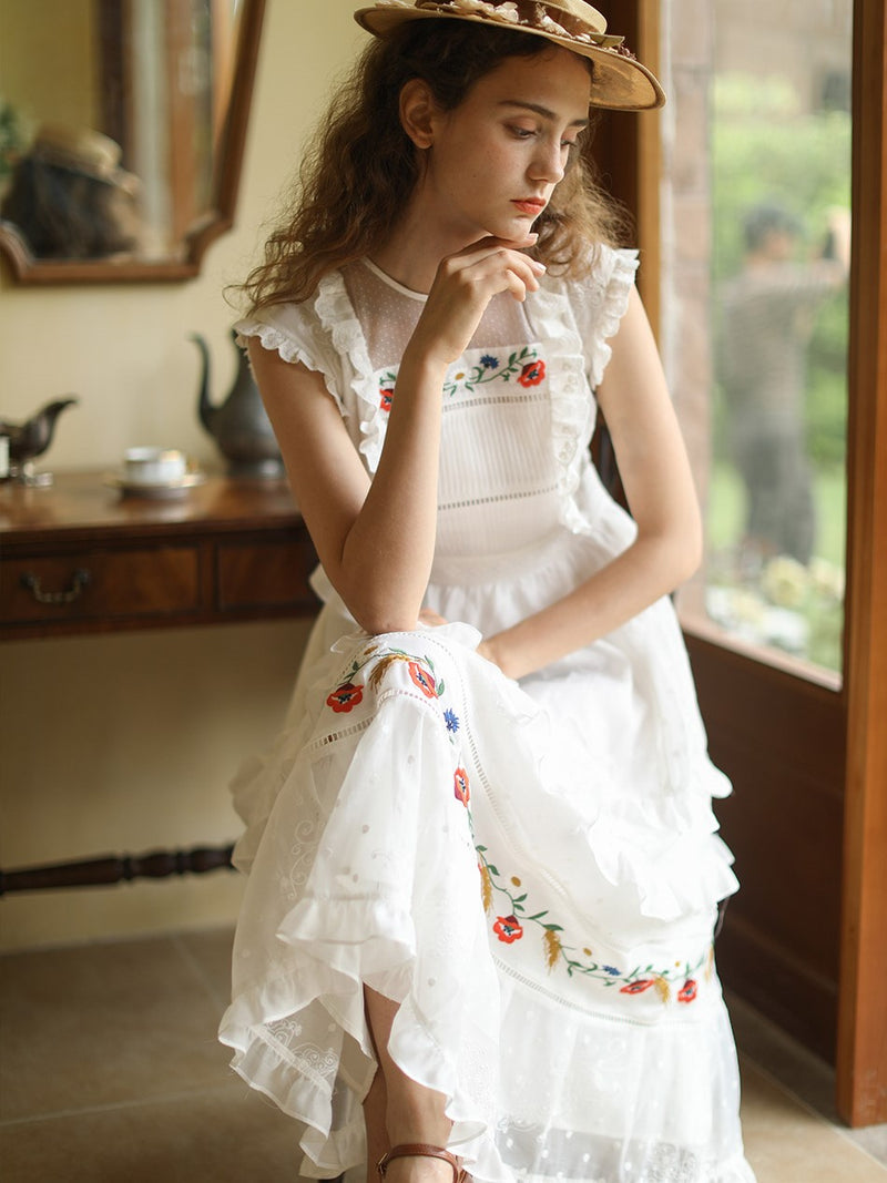 Forest Maiden Flower Embroidered Cotton Dress