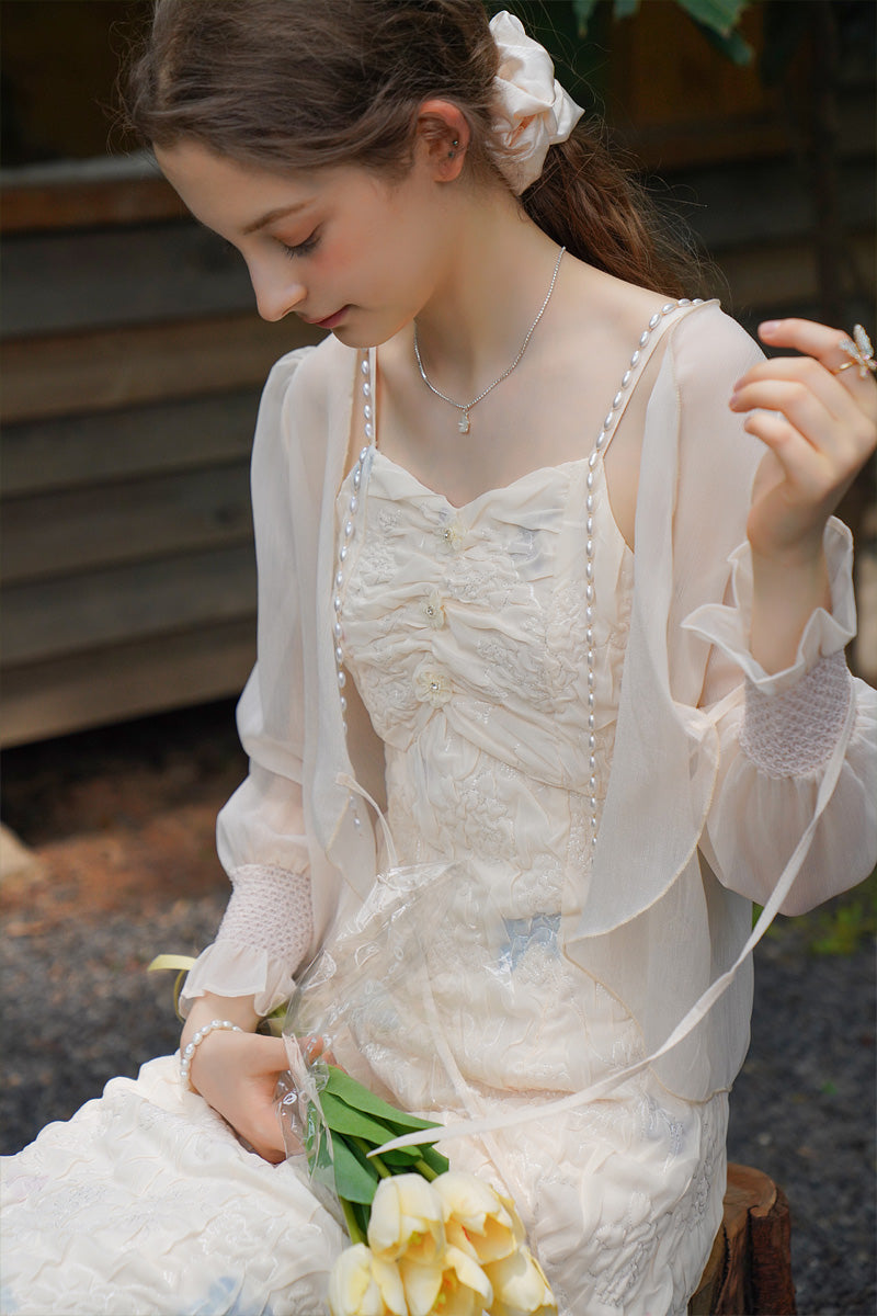 Queen's rose petal camisole dress and chiffon cardigan