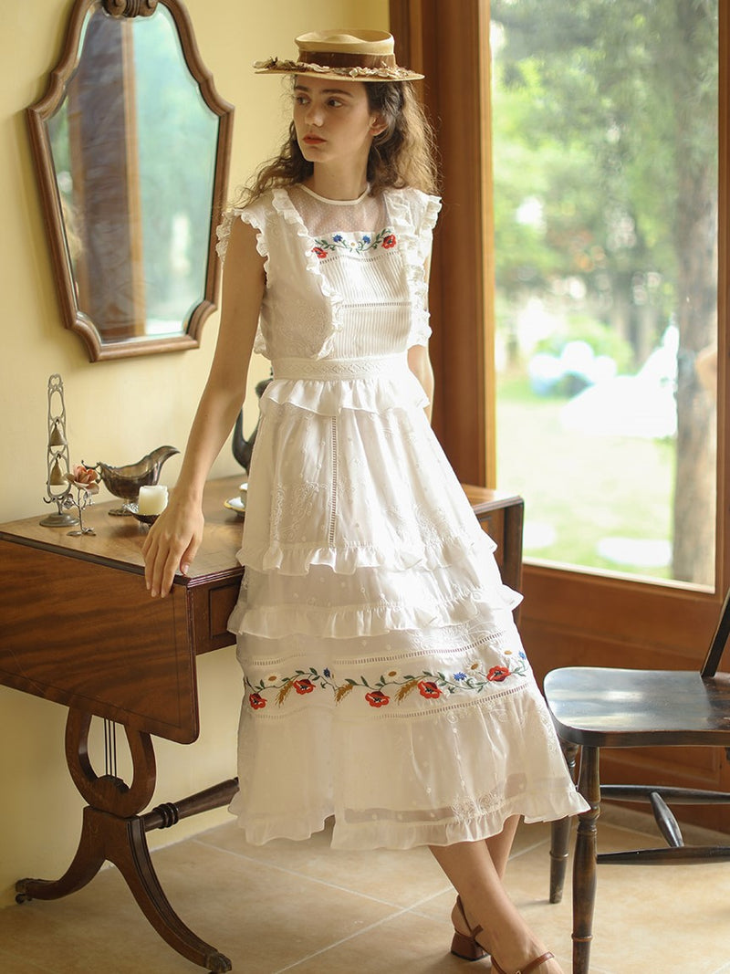 Forest Maiden Flower Embroidered Cotton Dress