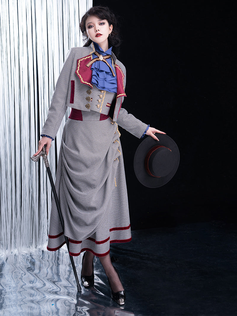 Classical jacket, vest, long skirt and blouse with houndstooth embroidery [Scheduled to be shipped from late May to late June 2023]