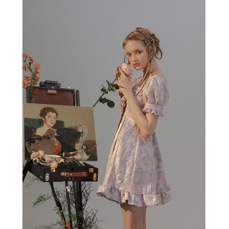Crimson wisteria and light wisteria flower weave jacquard dress