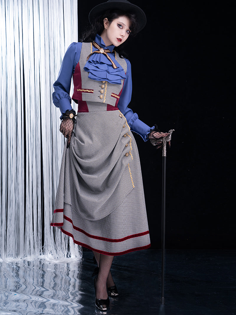 Classical jacket, vest, long skirt and blouse with houndstooth embroidery [Scheduled to be shipped from late May to late June 2023]