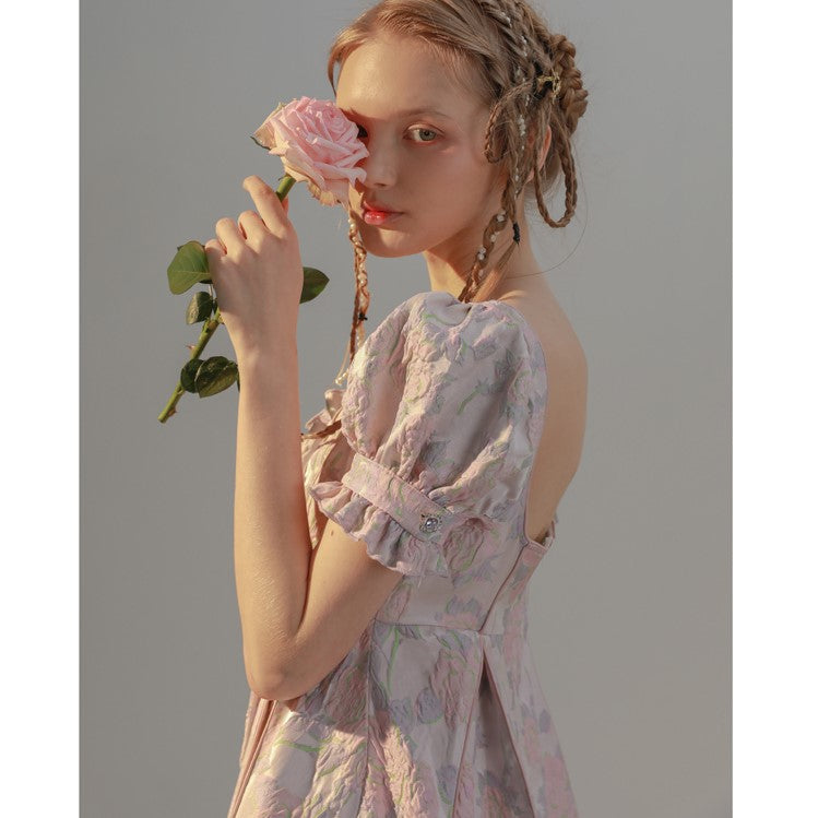 Crimson wisteria and light wisteria flower weave jacquard dress