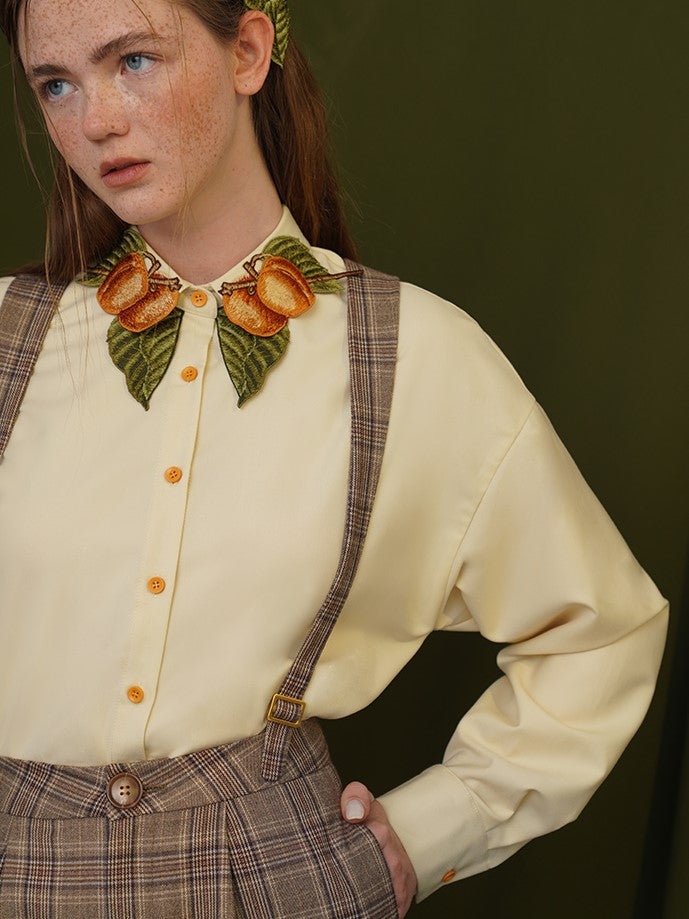 Apricot fruit embroidery blouse