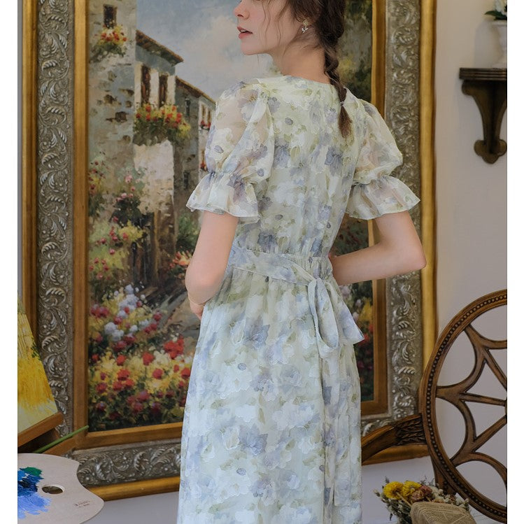 Impression painting flower pattern French dress 