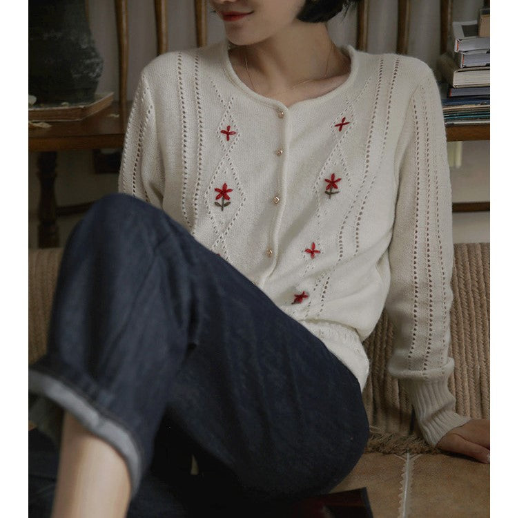 Keyboard-colored flower embroidery knit cardigan – ManusMachina
