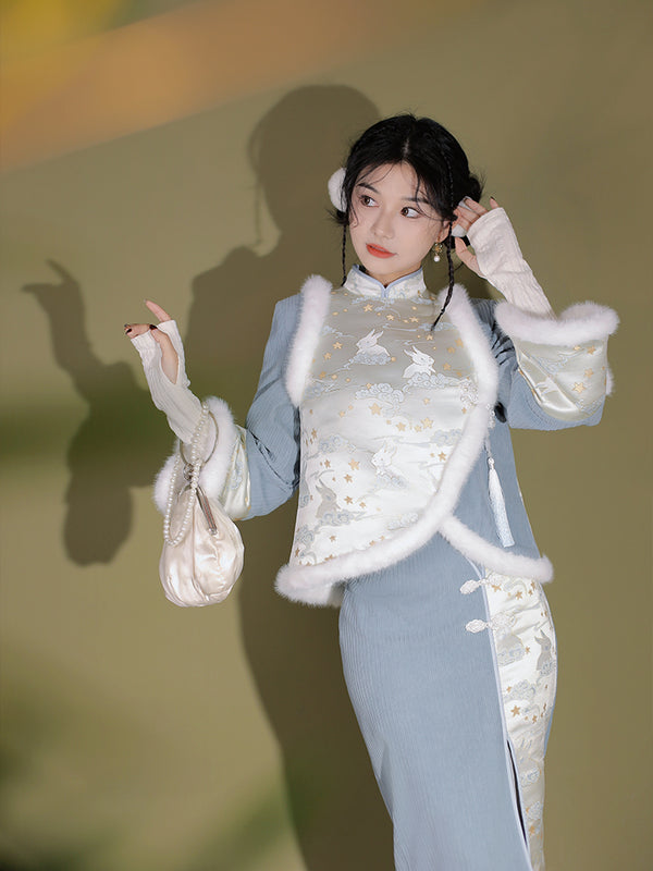 Thin flower rabbit embroidered cheongsam dress