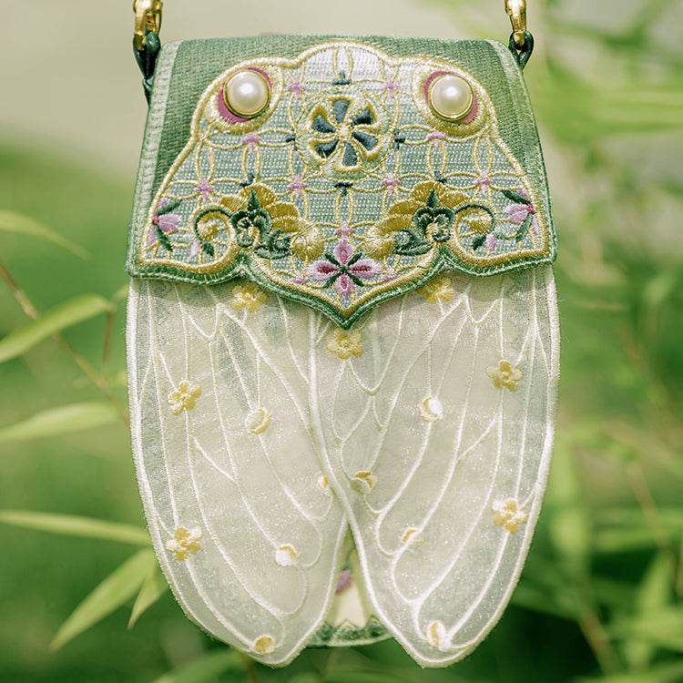 Embroidered cicada and wisteria shoulder bag