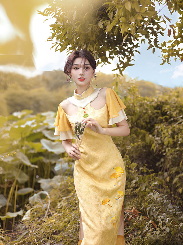 Wisteria gingko embroidered cheongsam dress