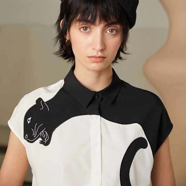 Black panther embellished short sleeve blouse