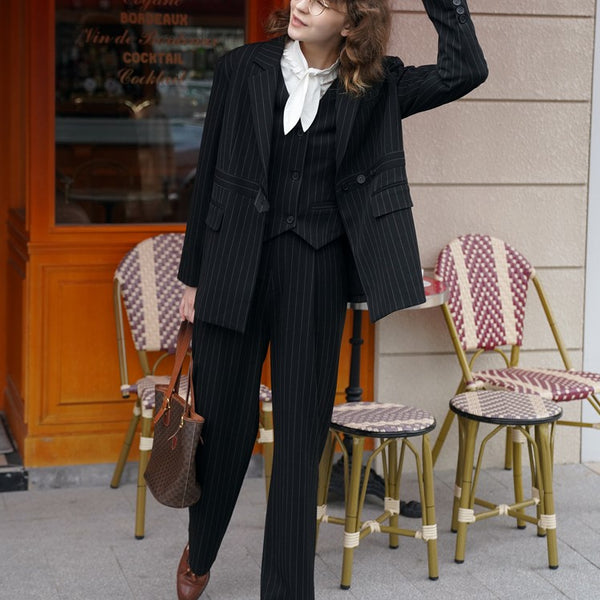 Black Lady Classical Striped Jacket and Pants