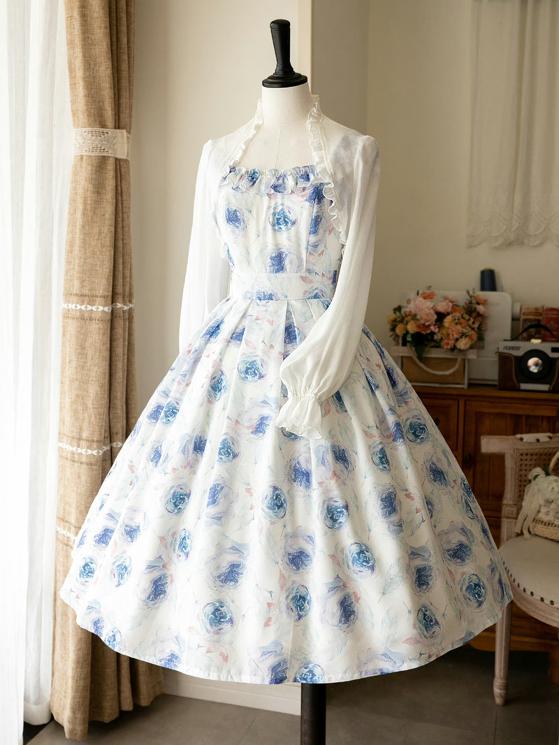 Blue rose watercolor dress and bolero cardigan [Planned to be shipped from late April to early May 2023]